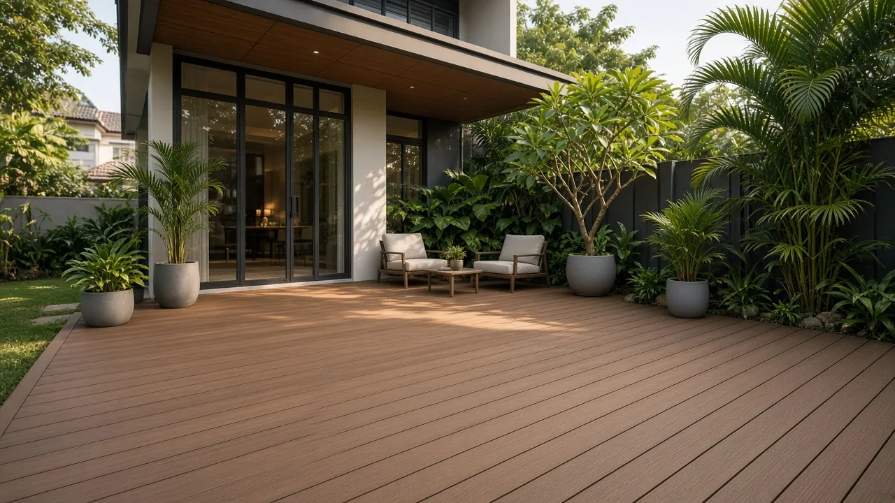 Illustrative outdoor WPC composite decking terrace in Singapore light